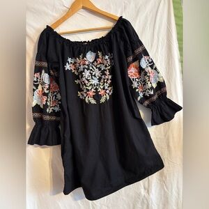 Free People off the shoulder dress or long top. Intricate floral embroidery.